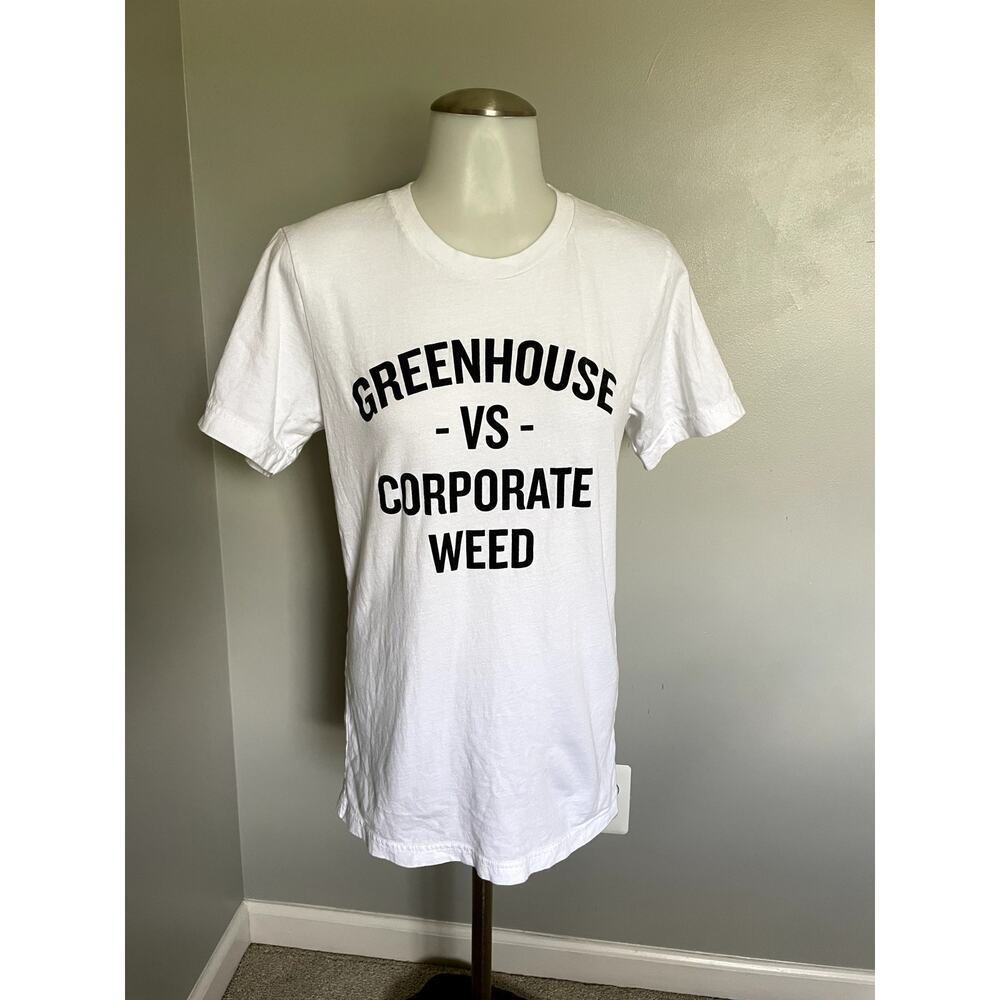 Greenhouse vs Corporate Weed white tee